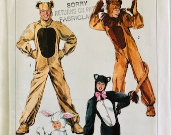 UNCUT 1982 Simplicity 5739/7648 Tierkostüme für Erwachsene; Bär, Löwe, Katze, Hase, mit Hauben, Handschuhen und Überschuhen; Größe L, Brustumfang 40-42 cm.