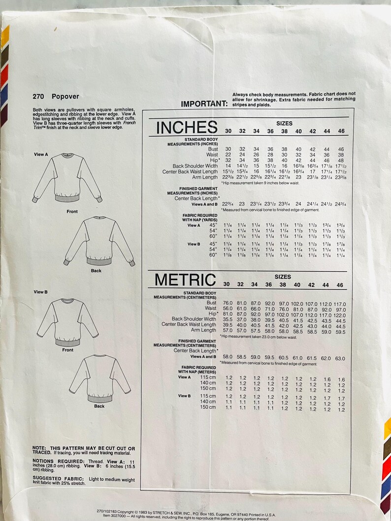 UNCUT 1983 Stretch & Sew 270 Misses' Popover Top Pattern, Easy and ...