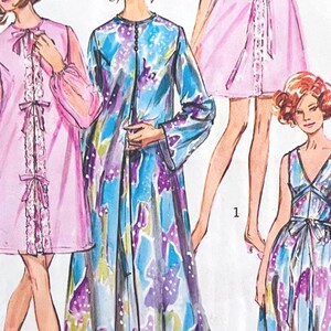 May include: A sewing pattern illustration featuring four garments: a light pink long-sleeve robe with lace trim and bows, a long blue and purple floral robe, a short pink dress with a lace panel, and a sleeveless blue and purple floral dress.