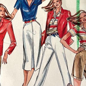 May include: Illustration of four figures in various outfits. The outfits include a red blazer, blue polo shirt, white pants, and striped shirts. The figures are in a fashion illustration style.