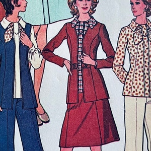 May include: Three women's fashion illustrations. The woman on the left is wearing a white blouse with a blue vest and pants. The woman in the center is wearing a red jacket with a plaid shirt underneath and a red skirt. The woman on the right is wearing a brown and white patterned blouse with white pants.