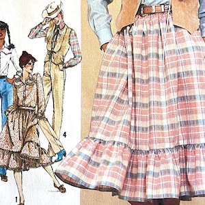 UNCUT/complete 1980 Simplicity 9851 misses&#39; prairie skirt, fly-front pant, long-sleeved shirt, western, lined vest; size 16, bust 38&quot;.