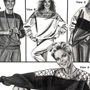 May include: Illustration of four different views of people wearing 1980s-style sweatshirts and tracksuits. The sweatshirts have color-blocked designs and geometric patterns. The image is in black and white.