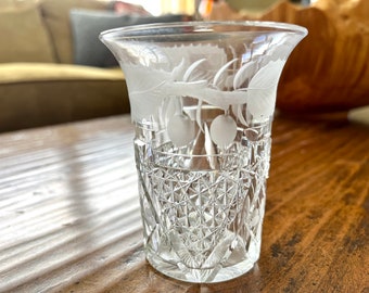 Signed Hawkes fruits ABP cut and etched glass tumbler or vase, truly excellent condition; 3.75" tall x 3 1/8" diameter at rim