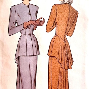 May include: Illustration of two women in vintage fashion. One woman is in a light purple suit with a fitted jacket and pencil skirt. The other woman is in a rust-colored dress with a key pattern.
