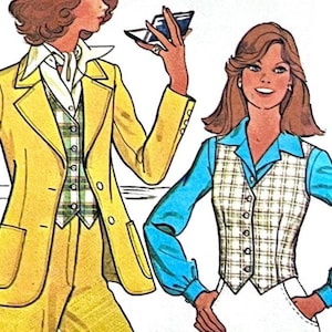 UNCUT 1977 McCal&#39;s 5634 misses&#39; wide-lapeled unlined blazer jacket and button front fitted vest, groovy pattern; size 14, bust 36&quot;.
