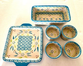 RARE! Temptations by Tara Old World turquoise and lime loaf pan, set of 4 ramekins or square handled serving tray, selling separately.