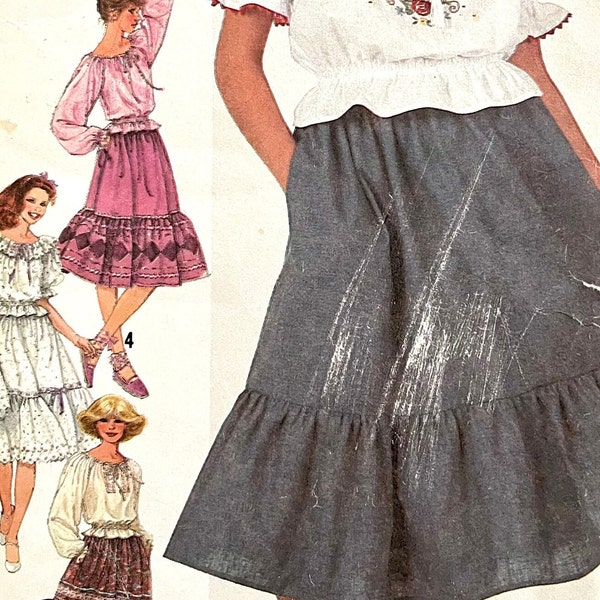 UNCUT/complete 1981 Simplicity 5391 misses' ruffled skirt and elastic waist peasant top with sleeve options, transfers; size 11/12.