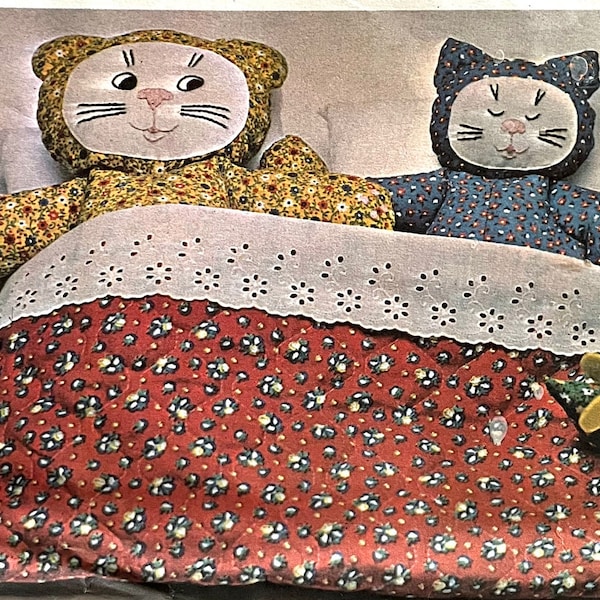 UNCUT 1976 McCall's 5292 stuffed mother and baby cat dolls with embroidered faces, long tails, stuffed mouse, and bed.