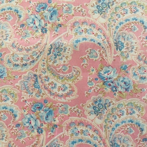 44&quot; wide x 1 yard 3&quot; long polished cotton fabric, pink with blue, white, light green paisley feather print with florals by Cranston.