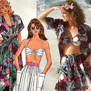 May include: Three women's fashion illustrations featuring tropical print clothing. The first illustration shows a woman wearing a long, wrap-style dress with a tropical print. The second illustration shows a woman wearing a white bandeau top and a white skirt with a belt. The third illustration shows a woman wearing a tropical print top and skirt.