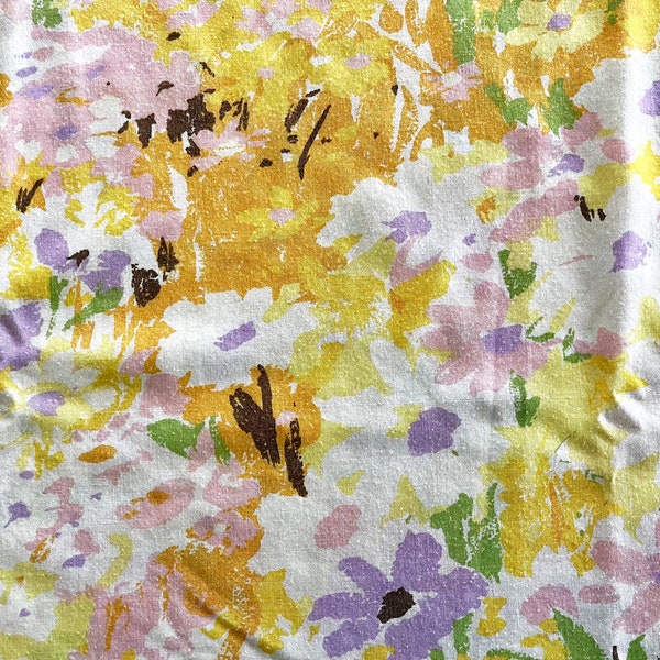 Vintage full-sized flat sheet or standard-sized pillowcase by JC Penney, poly cotton, painterly print in apricot, pink, lavender, green.