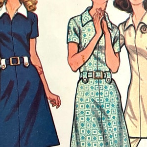 Complete 1972 McCall's 3101 misses' knit fabric dress, top, dart-fitted shape, short set-in sleeves, collar, belt loops; size 14, bust 36".