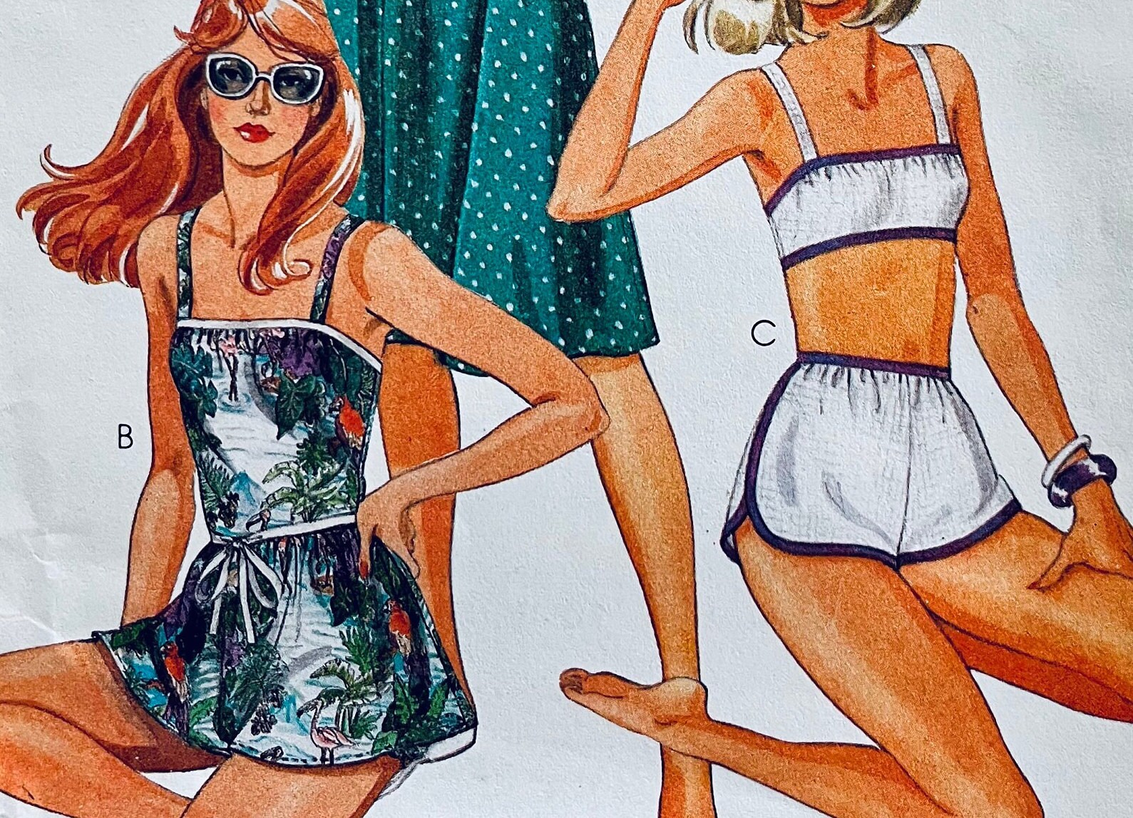 UNCUT 1982 McCall's 8031 misses' sundress with straps, tankini with gathered skirt, bra top swim suit and shorts; size 16, bust 38"