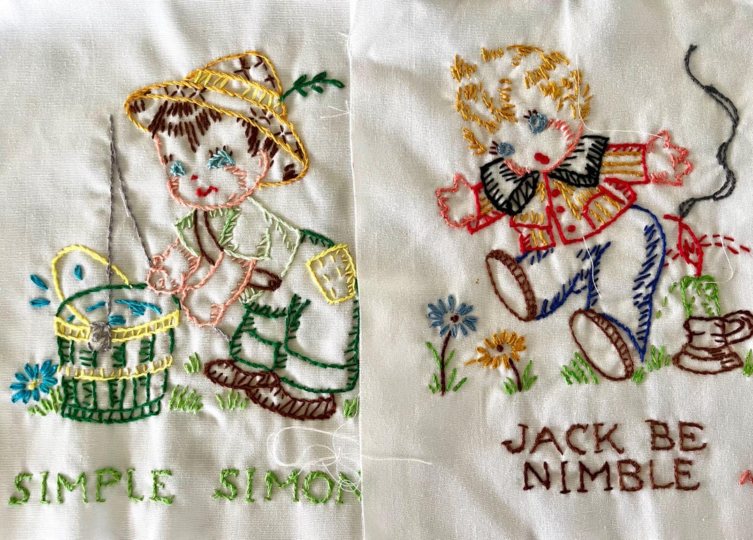 Ten Embroidered Blocks With Nursery Rhyme Subjects, 4 Un-embroidered ...