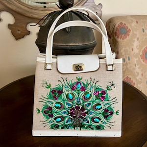 Vintage jeweled Enid Collins-style handbag, wooden base,  clasp works well, inside pockets, metal and leather-look strap detail, great shape