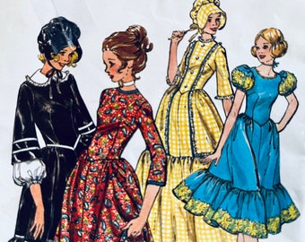 UNGESCHNITTEN 1975 Butterick 5939 Misses 'Pionier Jahrhundertkleid in 2 Längen, Rüsche mit tiefem Boden, Ärmelvariationen und Haube; Größe 16, Brustumfang 92cm