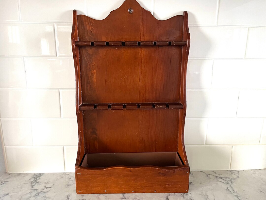 Vintage Large Wooden Spoon Holder Rack With Built-in Box at Base, 12 ...