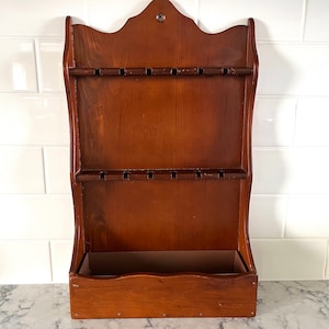 Vintage large wooden spoon holder rack with built-in box at base, 12 spoon slots, great condition and lots of charm; 17.25&quot; t x 10.25&quot; w.