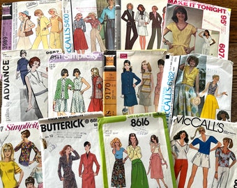 Bundle of 12 vintage women's and teen's sewing patterns from the 60's, 70's and 80's, skirts, tops, jackets, skirt suits, vests, jumpsuits.