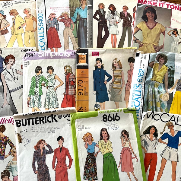 Bundle of 12 vintage women's and teen's sewing patterns from the 60's, 70's and 80's, skirts, tops, jackets, skirt suits, vests, jumpsuits.