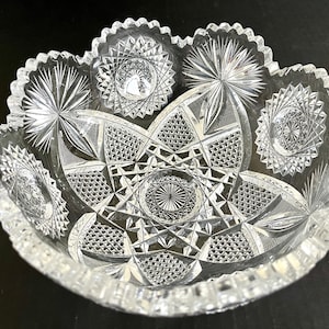 Antique American Brilliant cut glass bowl with thick, crenellated rim, hobstars, faceted diamonds, crosshatching, fanned designs; exquisite!