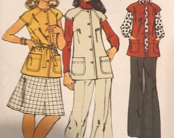 1973 UNCUT vintage Simplicity 5800 size 12 or 14, bust 34" or 36",  women's jacket with raglan short sleeves, skirt and wide-legged pants