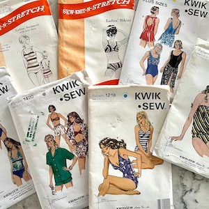 UNCUT vintage Kwik Sew and Sew-Knit-n-Stitch swim wear for misses&#39; and women&#39;s sizes; bikinis, tankinis, swimsuits, maillots, halters, etc.