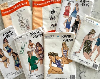 UNCUT vintage Kwik Sew and Sew-Knit-n-Stitch swim wear for misses' and women's sizes; bikinis, tankinis, swimsuits, maillots, halters, etc.