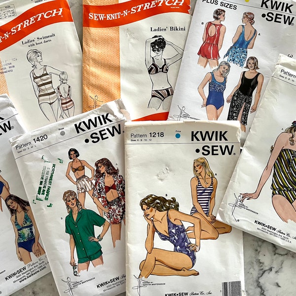 UNCUT vintage Kwik Sew en Sew-Knit-n-Stitch zwemkleding voor missers en dames maten; bikini's, tankini's, badpakken, maillots, halsters, etc.