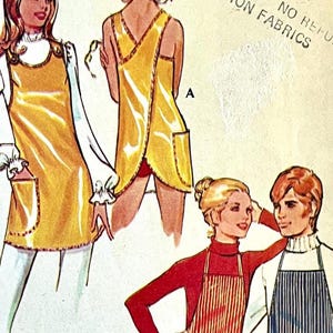 May include: Illustration of vintage aprons in various styles. The aprons are primarily yellow with contrasting trim and pockets. One apron has a cross-back design. The image also shows a red and white striped apron and a blue and white striped apron.