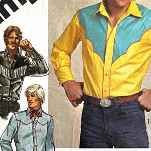 Complete 1985 Simplicity 9886 men&#39;s yoked and piped western shirt, snap or button closures, embroidery transfer, size 44, neck 16.5&quot;