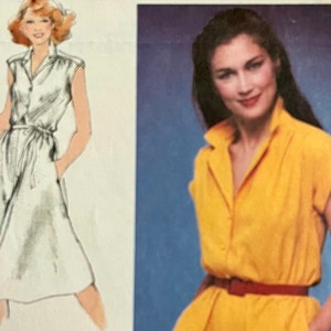 UNCUT 1980 Simplicity 9497 mist 'makkelijk zittende jurk met zakken in de zijnaad, kapmouwen met optionele manchet, knoopsluiting aan de voorkant; maat 14, buste 36