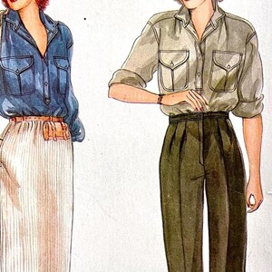 May include: Two fashion illustrations of women. The woman on the left is wearing a blue denim shirt with a white belt and a white skirt. The woman on the right is wearing a khaki shirt with a brown belt and brown trousers. Both women have short, red hair.