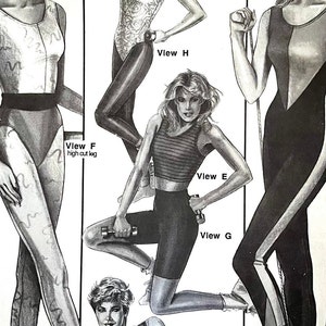 May include: A black and white illustration of four women wearing different styles of leotards and leggings. The women are shown in various poses, including holding weights and jumping rope. The text "View F high cut leg", "View E", "View G", and "View H" is included in the image.