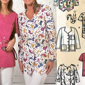 May include: A sewing pattern for a variety of tops and jackets. The pattern includes a pink top with a V-neck, a white top with a cat print, a white jacket with a button closure, a white top with a floral print, and a pink top with a scoop neck.