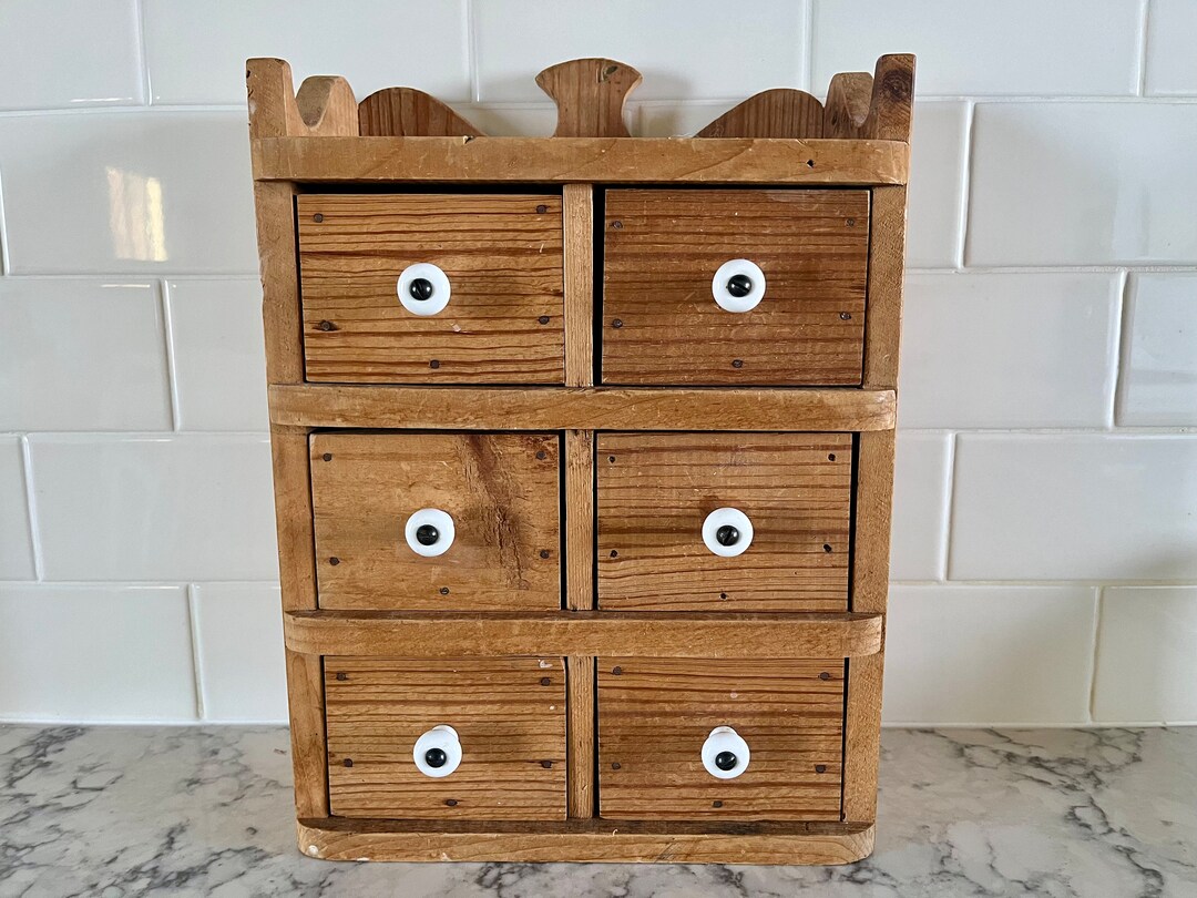 Primitive Wooden Spice Drawer Rack, Ceramic Knobs, Shaped Top, Exposed ...
