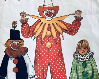 UNCUT 1980 McCall's 7230 traditional child's clown costume, pom poms, neck, ankle and wrist ruffles,  adult chest 32-34, child , size 10-12.