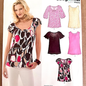 May include: A New Look sewing pattern featuring a woman wearing a scoop-neck top with a brown, pink, and white abstract design. The pattern includes multiple top styles, with the text "easy2hour JUST4 KNITS". The pattern size is A 8-18.