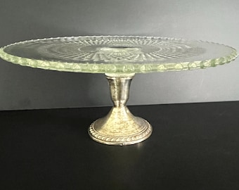 Vintage sterling silver based cake plate by Duchin, diamond pattern on glass, candlewick edge, some tarnish.