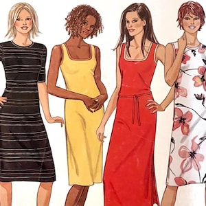 May include: Four women modeling dresses. The first dress is black with horizontal white stripes. The second dress is yellow with a square neckline. The third dress is red with a belt. The fourth dress is white with pink floral patterns.