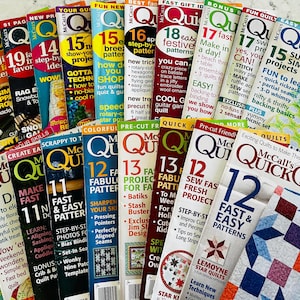 May include: A collection of McCall's Quick Quilts magazines arranged in a fan shape. Each issue features colorful covers with bold text highlighting the number of patterns, project titles, and sewing techniques included in each edition.