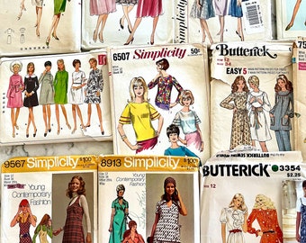 Bundle of 12 vintage patterns for women, bust sizes 34" and smaller, 50's, 60's, 70's and 80's dresses, tops, pants, jumpers and more!