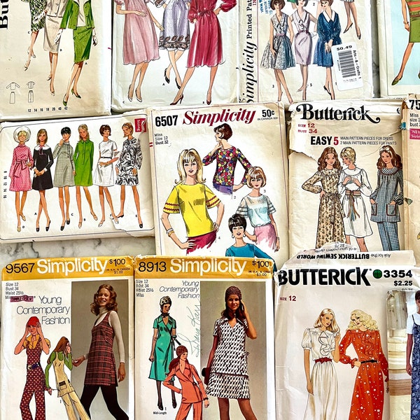 ¡Paquete de 12 patrones vintage para mujeres, tallas de busto de 34" y más pequeñas, vestidos, blusas, pantalones, suéteres de los años 50, 60, 70 y 80 y más!