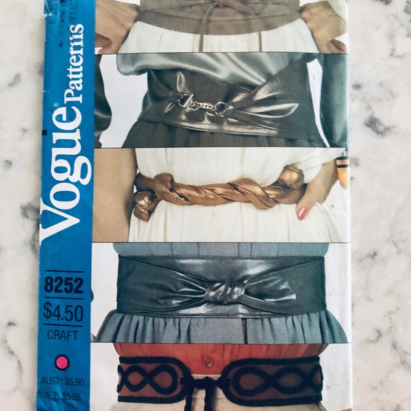 UNCUT 1982 Vogue 8252 accessories, 5 different belt styles to be made with faux leather or suede, sizes S (24-25), M (26.5-28), L (30-32)