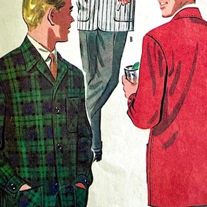 Könnte beinhalten: Vintage-Illustration von drei Figuren in verschiedenen Outfits. Eine Figur trägt eine grün-schwarz karierte Jacke, eine andere einen roten Mantel und die dritte ein gestreiftes Hemd und eine graue Hose. Das Bild hat eine Retro-Ästhetik.