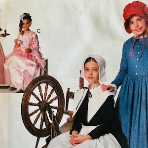 UNCUT 1995 Simplicity 9708 girl's costume pattern; pioneer dress and bonnet, pilgrim dress, collar and hat, sizes S, M, L, chests 25"-32".