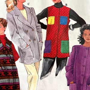 May include: Illustration of four different coat and vest designs. The coats include a double-breasted gray coat, a quilted red vest with colorful pockets, and a purple coat. The vest has a geometric pattern.