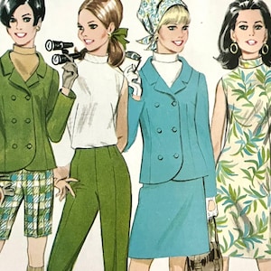 Mostly uncut 1968 McCall&#39;s 9138 misses&#39; high collar dress or top with dart fitting, lined jacket, lined skirt, pencil pants, shorts; size 14