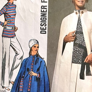 May include: A vintage sewing pattern featuring two designs for a tunic top and a cape. The tunic top is striped in red, white, and blue. The cape is white with a black trim and a black belt. The pattern is titled "Designer Fashion".